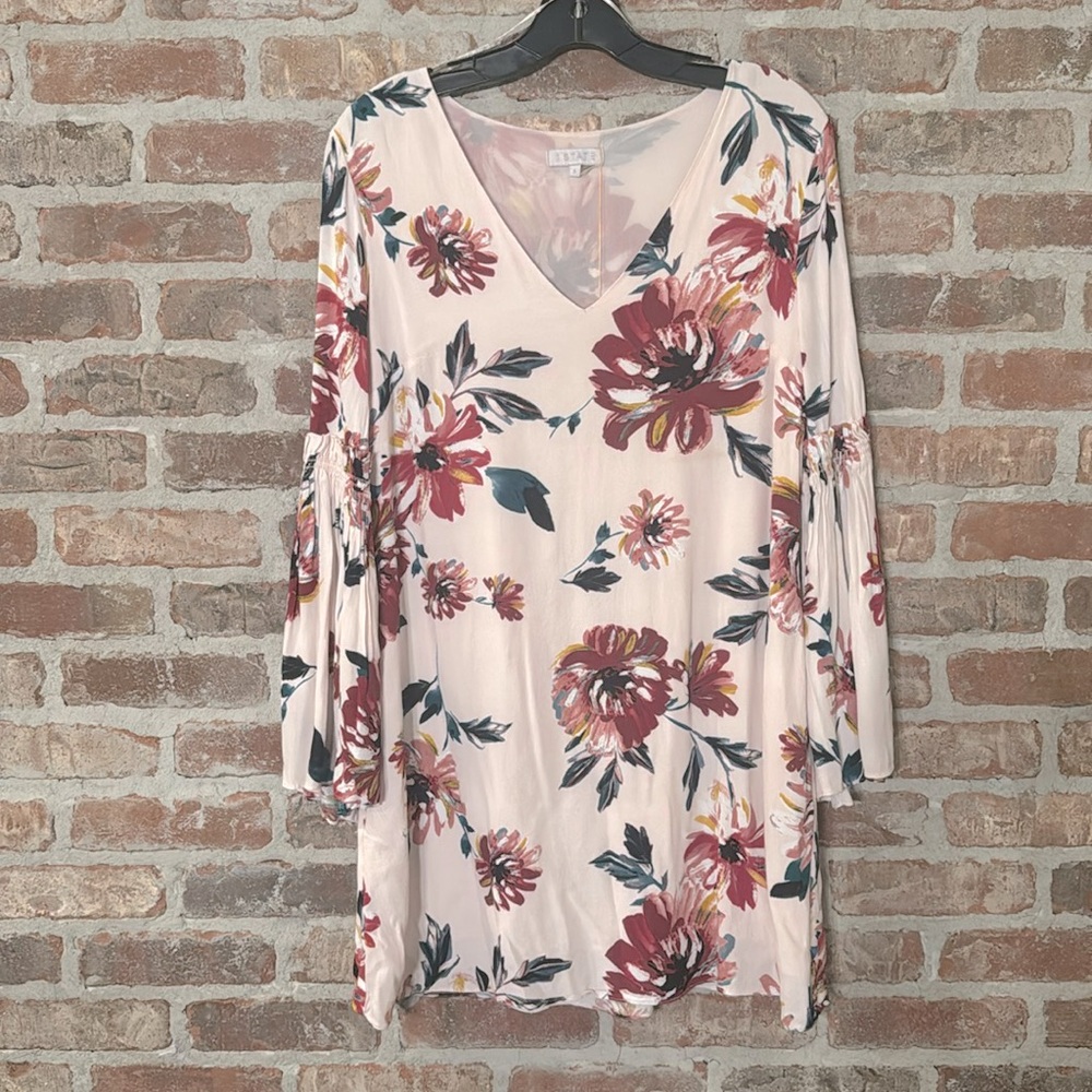 1.State boho A line Rose floral pattern long Bell sleeves dress size S